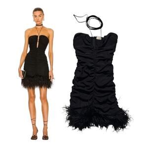 Feathered trim silk tie dress